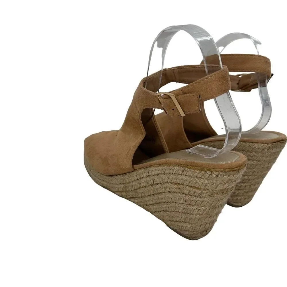 Espadrille Wedge Sandals Tan Brown Peep Toe Refresh Brand Womens Size 8.5 Boho